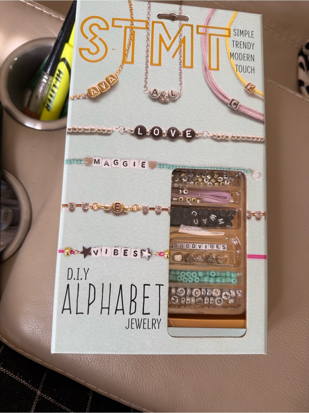 Kids DIY Alphabet Jewelry Kit — Mint and Gold Beads